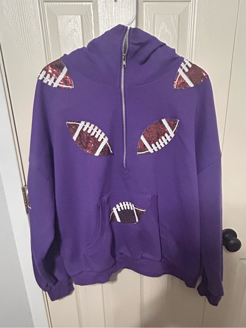 Purple sequined football hoodie, perfect for TCU fans!